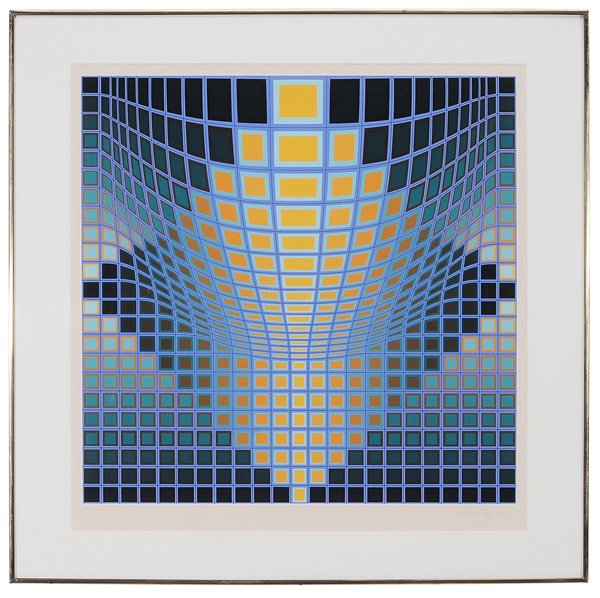 Victor Vasarely: (French/Hungarian, 1908-1997) Untitled, Composition in Blue, Artist Proof 5/25, signed lower right in pencil "Vasarely", serigraph on paper, 24-1/4 x 24-1/2" (image); metal frame, not examined out of 