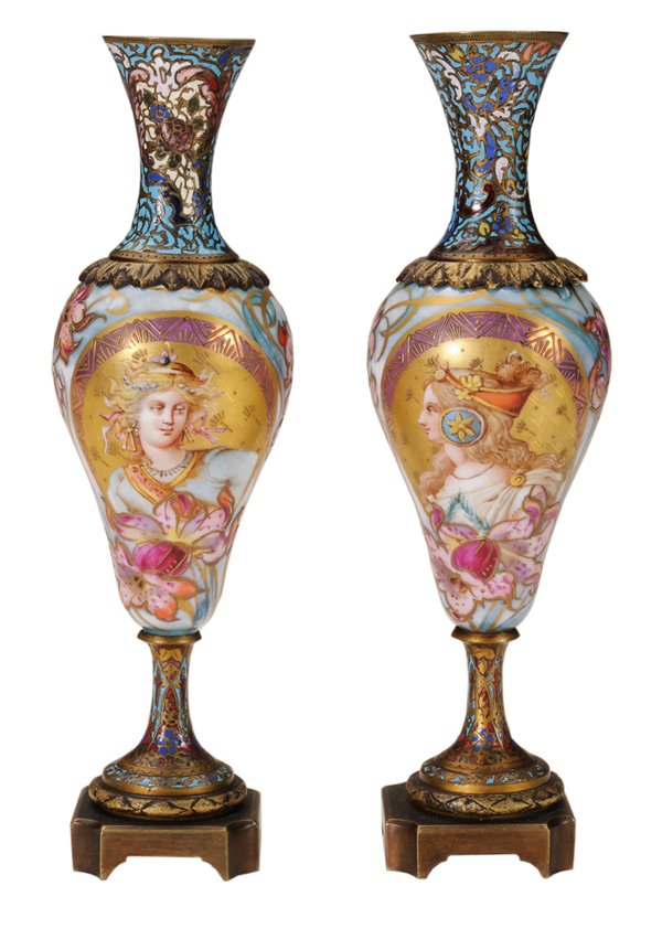 Finely Enameled Footed Vases: French, late 19th century, gilt bronze, porcelain and champlevé enamel, flaring necks with champlevé enamels, finely painted and decorated vasiform body in gilt enamels with portraits of maidens, gi