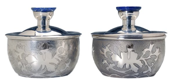 Pair Henry Petzal Sterling Lidded Jars: American, modern (1980), round with abstract repoussé and chased floral decoration, stepped finial with conforming lapis finial, marks for Henry Petzal (Shrewsbury, New Jersey, 1906-2002), no monogra