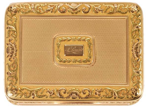 Engraved 18 Kt. Gold Lidded Box: finely crafted hinged and lidded box, no trademarks or hallmarks, tested to be 18 kt. yellow gold with 16 kt. gold name plate and hinge, highly polished and deeply textured, hand-engraved name on lid 