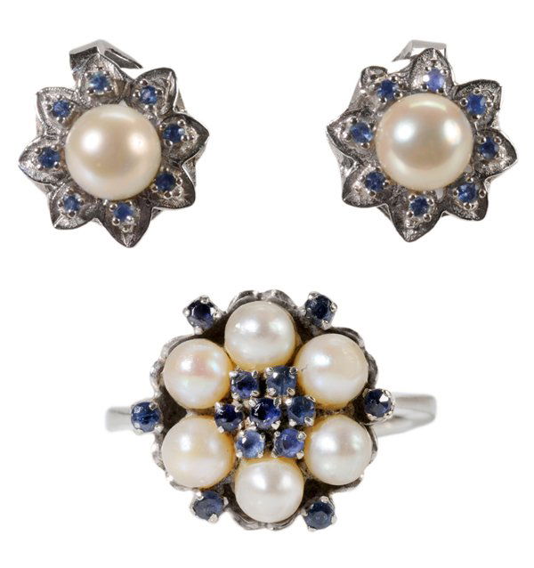 Pearl Earrings, Ring: ear clips set with two 7 mm. pearls and 16 blue sapphires, estimated sapphire weight .16 cts., 14 kt. white gold mounts, gross weight 6.7 grams; 18 kt. white gold ring set with six 5 mm. pearls and 13