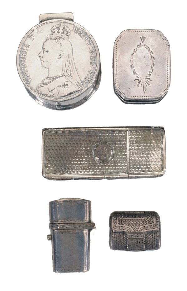 Ten English Silver Boxes: 19th century: one [etui] style; oval cartouche-form vinaigrette; two rectangular vinaigrettes; one vinaigrette with strap style decoration; two match safes; nutmeg grater; double-compartment box; coin