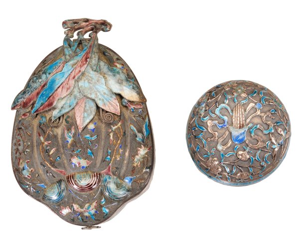 Twenty Assorted Middle Eastern and: Asian Lidded Boxes most 19th century, four examples Chinese export silver with enameled decoration and character marks on bases: one with floral and leaf enameling, lid handle shaped as group of leave