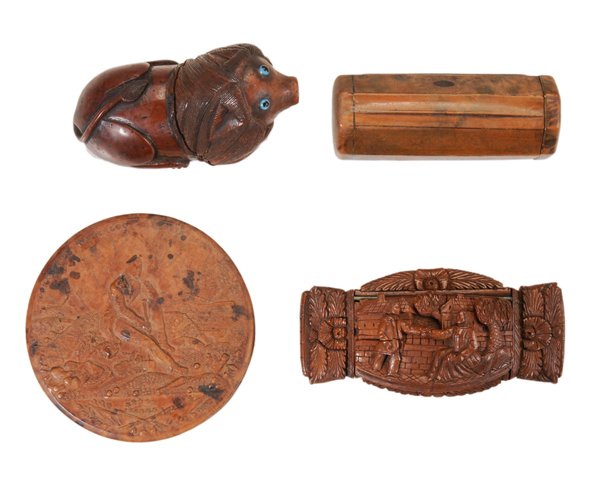 Four Small Wooden Boxes: Continental, 19th century and earlier: one burlwood of octagonal section, one end with threaded cap, small inlaid black wood elements, possibly for small bottle, 3-1/4 in., [good condition;] one in fo