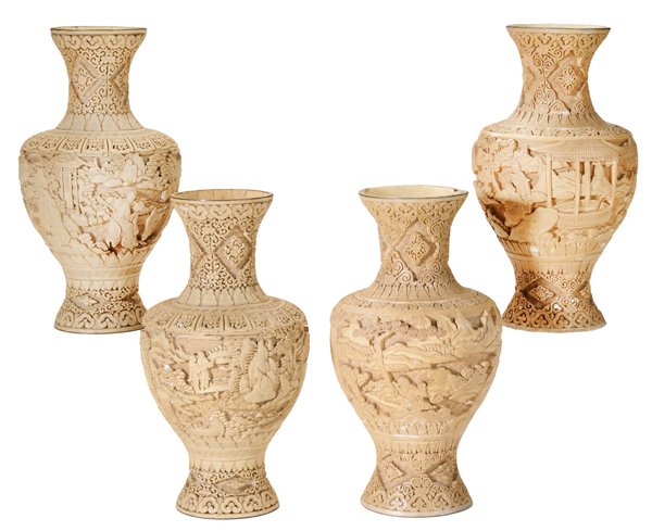 Two Pairs White Cinnabar Vases: Chinese, 20th century, each body decorated with figural and landscape designs flanked by multiple repeating banding, on circular bases, 10 x 5-1/4 in. and 10 x 5 in., all with losses and minor repairs