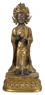 Cast Bronze Standing Figure of Buddha: Chinese, probably late 19th/early 20th century, outstretched hands, dressed in elaborate robes and jeweled breast of gown, on lotus-form rectangular flaring base, stamped on bottom, 22 x 9 x 6-3/4