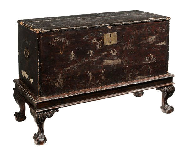 Chinoiserie-Decorated Queen Anne Lift-: Top Chest on Frame 18th century in part, the box with brass carrying handles and engraved brass lockplate, open interior with red lacquered decoration, on later carved mahogany frame with ball-and-cla