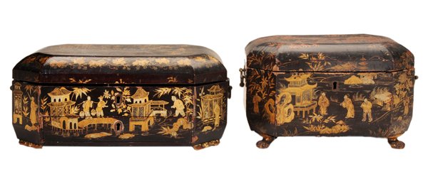 Chinese Export Lacquered Sewing Box: and Tea Caddy octagonal sewing box with double applied handles, black lacquer with elaborate gilt decoration, single drawer below, fitted interior with multiple bone/ivory sewing implements, 5-3/4 x 9