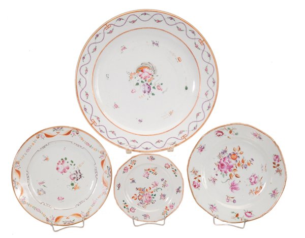Twenty-One Pieces Chinese Export: Tableware circular 13 in. platter, 11 bowls, six service plates; bread plate, platter with crack, one plate cracked and one broken and repaired, otherwise generally good condition with wear and edge r