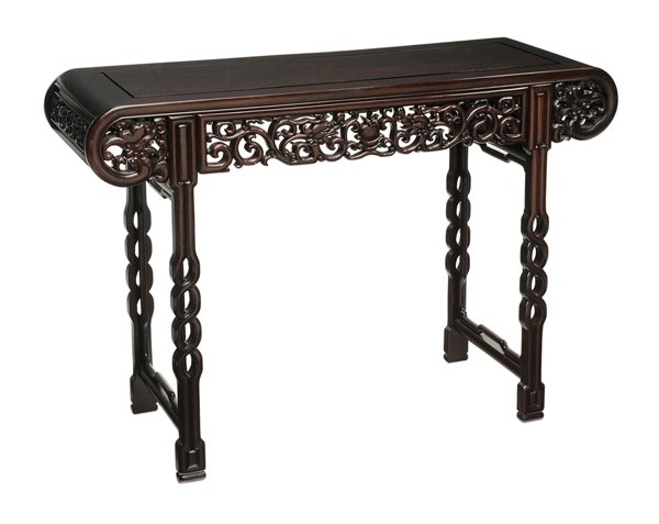 Carved Figured Hardwood Altar Table: Chinese, highly figured hardwood throughout, finely carved pierced skirt with dragon and prunus motifs, pierce-carved end panels, shaped and pierced legs, 33 x 48 x 16-1/2 in., excellent condition wit