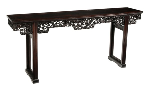 Antique Chinese Figured and Carved: Hardwood Altar Table rich dark purple ground color, figured top and prunus-carved skirts, molded legs and stretchers, finished on all sides, 34 x 76-1/2 x 16 in., top with shrinkage at one in top with