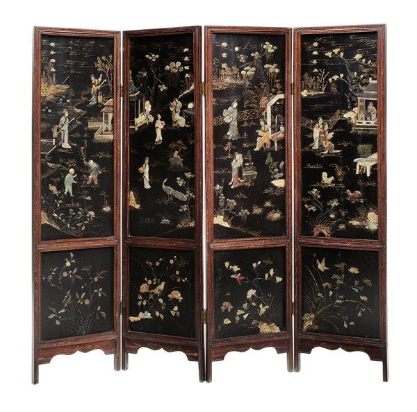 Lacquered and Carved Stone: Inset Four-Panel Room Screen Chinese, late 19th/early 20th century, each panel with carved figures and animals inset onto a decorated lacquer ground, each vertical panel composed of two panels set int