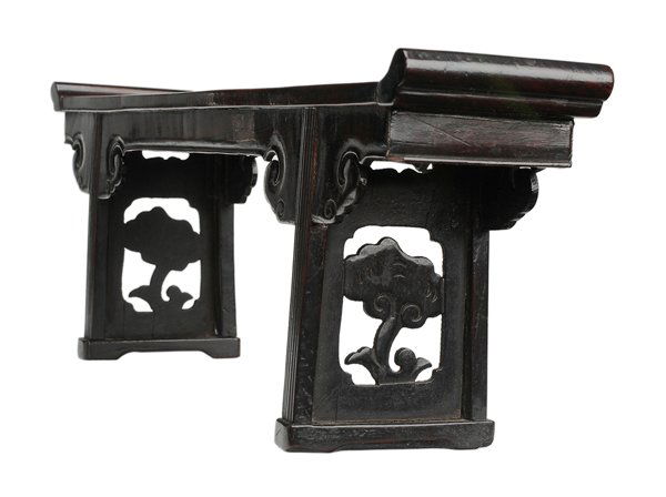 Carved Rosewood Miniature Altar Table: Chinese, probably late 19th/early 20th century, classical form with finely carved apron, reeded straight panel legs with inset tree carving, 6 x 16-1/2 x 3-1/4 in., good condition Provenance: Estate o