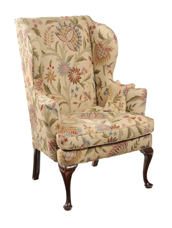 Queen Anne Style Crewelwork-: Upholstered Mahogany Wing Chair 20th century, cabriole legs with pad feet, frame with fine floral crewelwork upholstery, 33 x 27 x 47 in., good condition overall, upholstery with wear and light staini