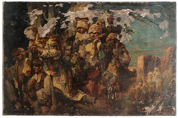 Attributed to Sir Frank Brangwyn: (British, 1867-1956) Middle Eastern Market, unsigned, oil on canvas, unframed, 45 x 70 in., lined with wax and a clear liner, extensive flaking with readhered sporadic placement of flakes with other l