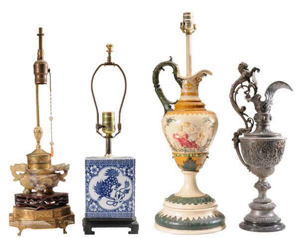 Four Chinese Table Accessories: carved amber-to-brown quartz incense burner, on carved two-tiered teakwood base, mounted on stepped brass stand, 20th century, 3 x 6-1/4 in., [with unassociated gilt cover;] Chinese blue and white por