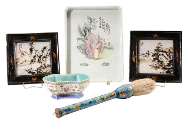 Five Pieces Porcelain and Cloisonné: Table Objects Chinese: [famille verte] rectangular tray with canted corners, decorated with old man in a landscape, chop below calligraphy upper right, 1-1/8 x 12-1/2 x 9-3/8 in., [good condition over