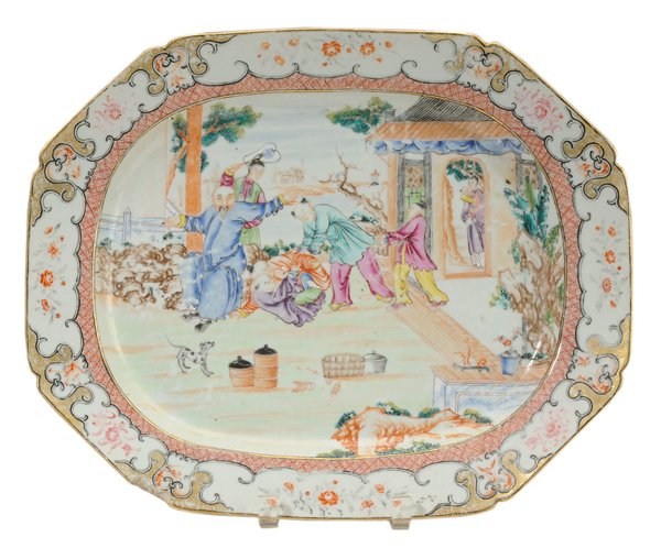 Gilt-Decorated [Famille Rose] Platter: Chinese, late 18th/early 19th century, central scene of figures playing in a yard, black scrolled border with floral decoration, 1-1/4 x 16-1/2 x 13-1/2 in., gilt and paint loss, scratches throughout,