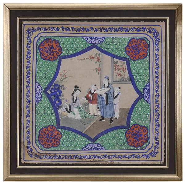Chinese School: (19th century) gouache on mulberry or rice paper laid on card, interior scene with family, decorative surround, chop mark at bottom right,16 x 16 in.; modern frame, water stains at bottom margin, scat