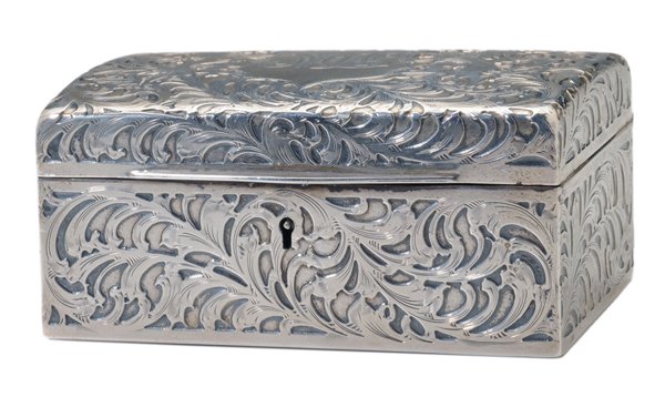 Sterling Jewelry Box: American, 20th century, rectangular with feather and griffin decoration, central monogrammed shield, partial maker's mark, monogram, with keys, 9.15 oz.T. gross weight, 2 x 4-1/8 x 3 in., light scratc