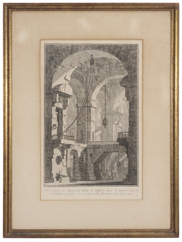 Giovanni Battista Piranesi: (Italian, 1720-1778) [Carcere oscura con Antenna…,] with 18th century double-circle watermark (center obscured), engraving on heavy laid paper, 14-3/8 x 9-3/8 in. (plate), 19 x 13-5/8 in. (page); wo