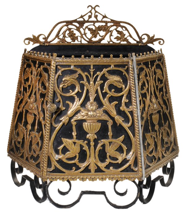 Art Deco Brass-Mounted Coal Hod: possibly Oscar Bach, French, 1920s, black-painted iron frame set with brass strapwork decoration in the Renaissance style, 21-1/2 x 21-1/2 x 9-1/2 in., probably lacking lid, scattered corrosion and so