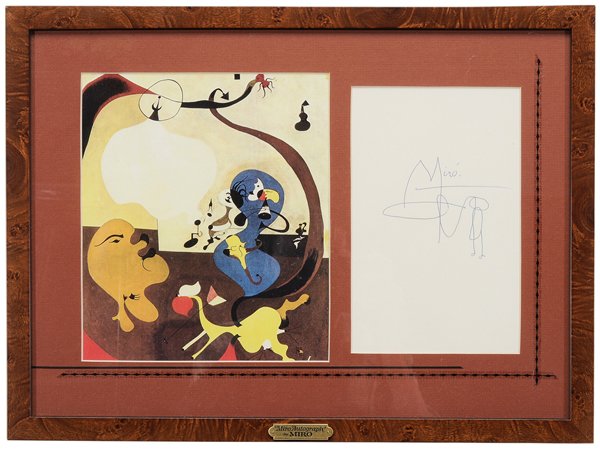 Joan Miró: (Spanish, 1893-1983) "Miró", boldly signed at right in blue ballpoint, with an abstract squiggle beneath on white page mounted with copy of a Miró painting, ink on paper; 8-1/2 x 5-1/2 in. (sight); 