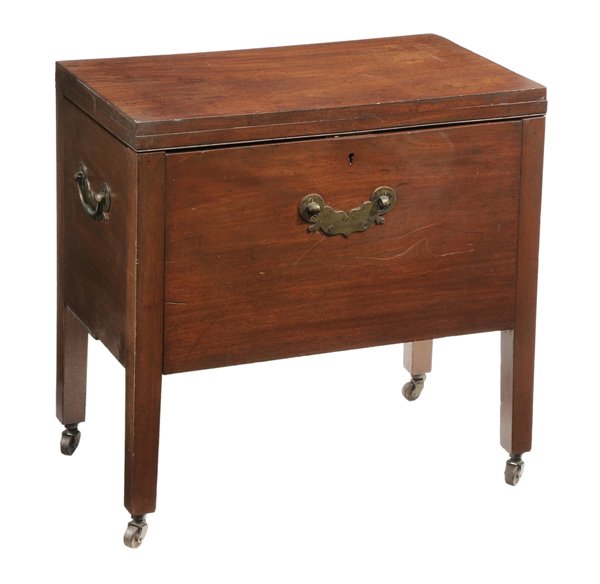 Georgian Mahogany Lift-Top Cellaret: mahogany throughout, hinged top with open interior, heavy brass carrying handles, 25-1/2 x 26 x 18 in., lacking interior fittings (knot patch and large patch hole), and brass bail handle at front, red