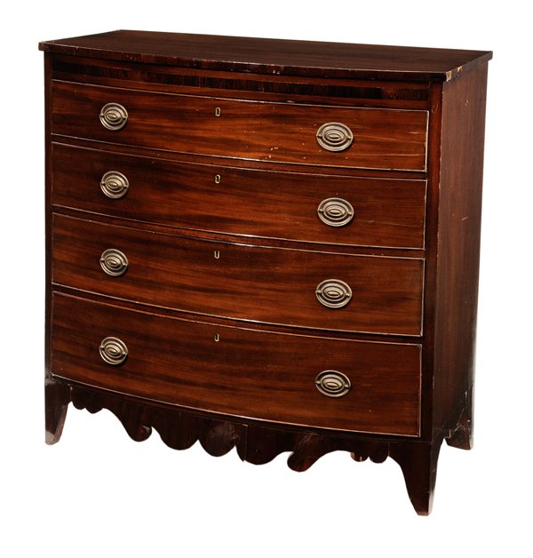 Hepplewhite Inlaid and Figured: Mahogany Bow-Front Chest British, 19th century, figured mahogany veneers with rosewood-banded frieze, deeply shaped skirt, dovetailed drawers with pine secondary, 44 x 42 x 20-1/2 in., refinished, bra
