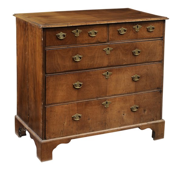 Early Georgian Walnut-Veneered: Chest of Drawers British, 18th century, dovetailed drawers with pine linings and engraved brass pulls and escutcheons, 35-1/2 x 37 x 20 in., brasses and feet replaced, refinished, scattered sun fading