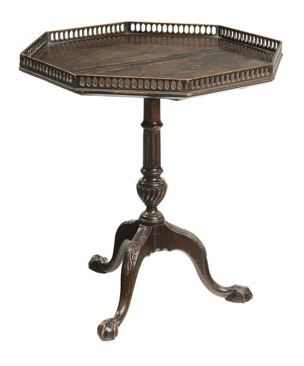 Chippendale Style Carved Mahogany: Tilt-Top Tea Table British, late 19th century, octagonal top with pierced gallery, carved knees and ball-and-claw feet, old patinated surface, 27 x 24 in., scattered breaks and repairs to gallery and