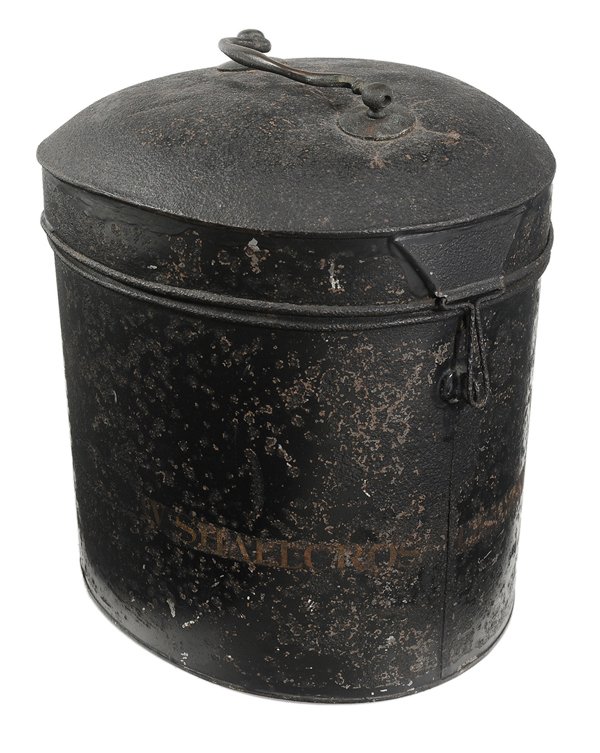 Fruitwood Wig Stand, Cased Wig: British, 19th century: turned fruitwood and beechwood British wig stand, 43-1/2 in., [scattered cracks and minor pest damage, wear at base;] together with a black-painted tole wig box with hinged lid,