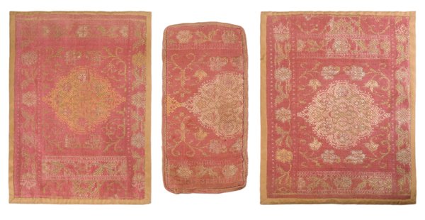 Three Brocade Fragments: probably Continental, 19th century, silk with later fabric backing, two 12 x 8-1/2 in., one 10-1/2 x 4-3/4 in., fading, wear, stains verso Provenance: A New York Collection