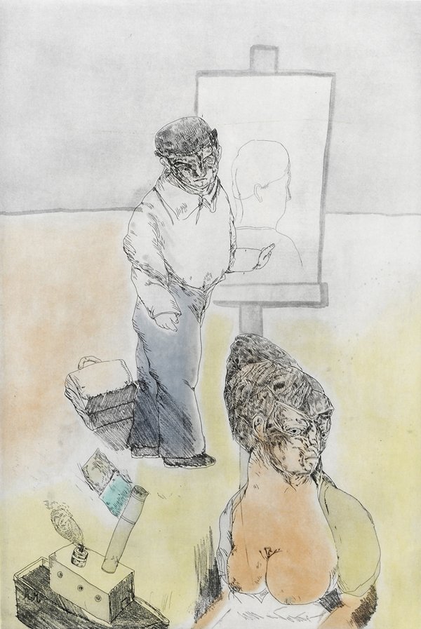 José Luis Cuevas: (American/Mexican, born 1933) Artist and Model, 1981, edition 52/100, published by Poligrafica, Barceloni, Barcelona, Spain, signed lower right "Cuevas/Barcelona '81", color engraving on wove paper, 2