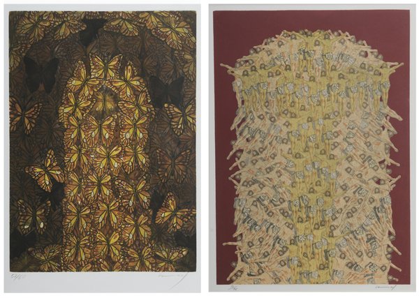Ismael Vargas: (Mexican, born 1947) Two prints: Mariposas, edition 52/60, aquatint and etching; Cristos, edition 10/75, gravure on paper, signed lower right in pencil "Ismael", 21 x 15-1/4 in. (sight); painted wood 