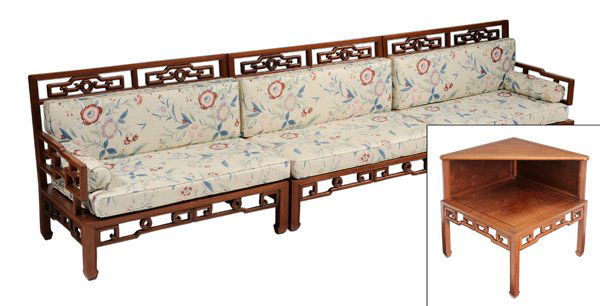 Chinese Carved Hardwood Living Room: Suite 20th century, each piece in figured hardwood, chair with floral-upholstered loose cushions, two settees 35-1/ x 46 x 28 in., chair 35 x 46 x 28 in., and side table 28 x 26 x 26 in., good conditi