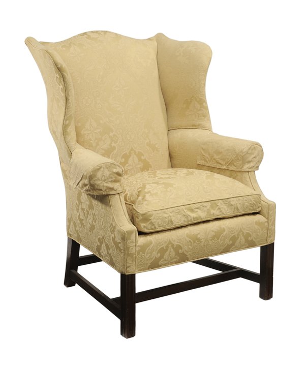 Chippendale Style Upholstered Mahogany: Wing Chair 20th century, mahogany frame with molded front legs, pale yellow damask upholstery overall, 45 x 30-1/2 x 37 in., good condition overall, upholstery with light wear and stains, scattered ab