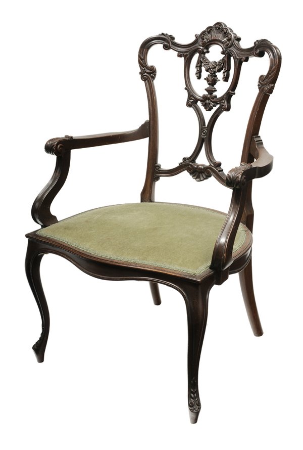 Edwardian Chippendale Style Mahogany: Open-Arm Chair British or American, late 19th/early 20th century, floral and scroll carving, green velvet upholstered seat, 33 x 22 x 22 in., good condition with light surface wear and abrasions, very