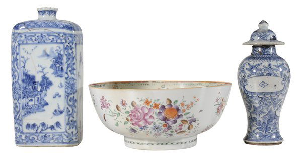 Three Pieces Blue and White, Vase: and Jar With Export Bowl Chinese, 19th century; including a Chinese Blue and White covered jar, [chip to cover and old stapled neck repair, 9 in., with rectangular blue and white bottle vase; landscap