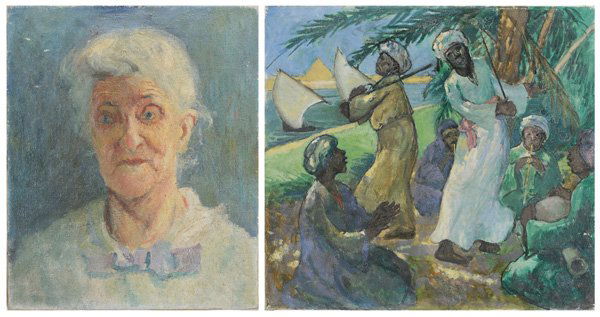 Attributed to Bernhard Gutmann: (German, 1869-1936) Two paintings: Arabs, inscribed verso "Bernhard Gutmann", 23 x 25 in.; Portrait of an Older Lady, unsigned, 17 x 14 in., both unframed, abrasions, crackle; abrasions, crackle