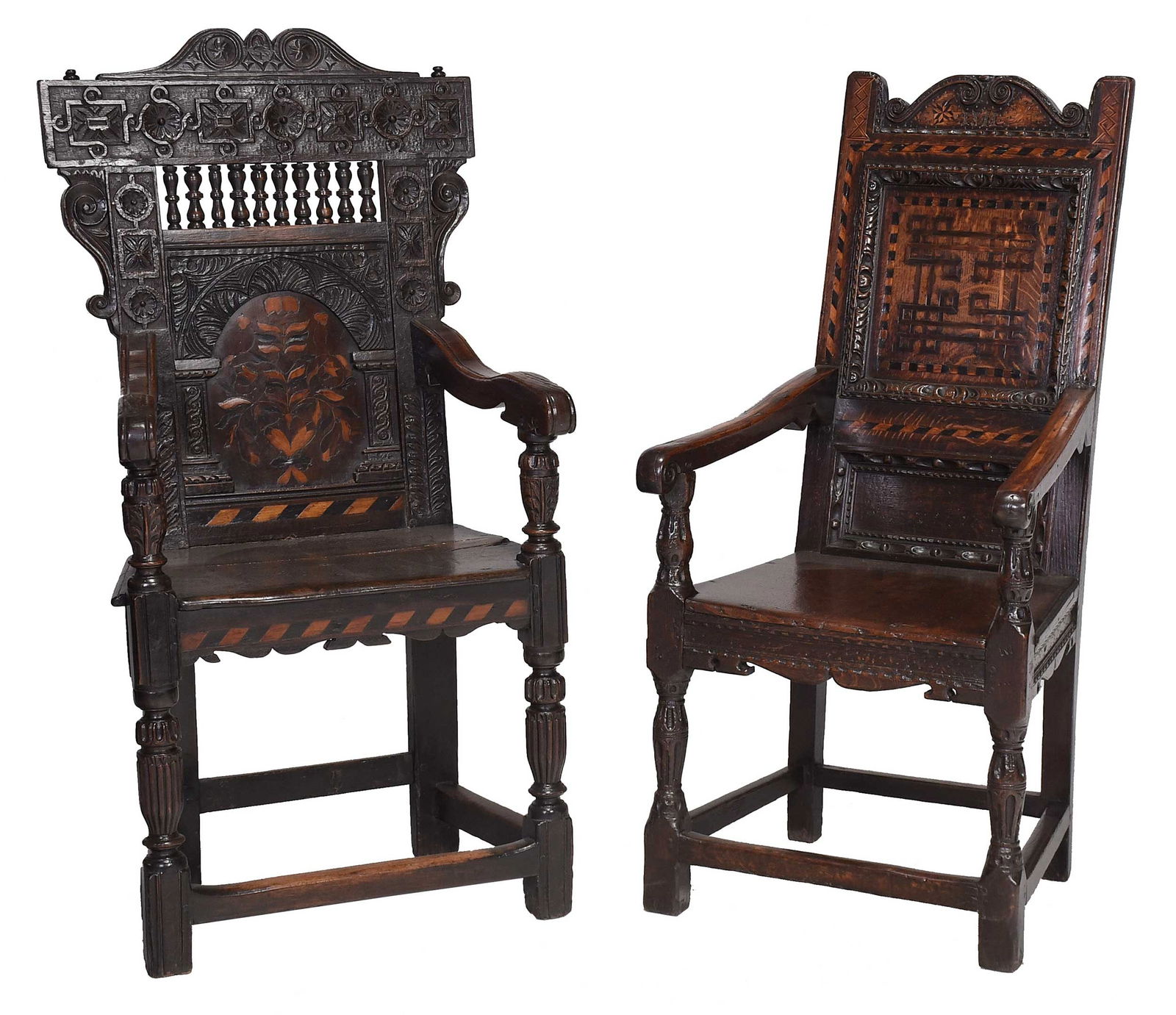 Two Early English Carved and Inlaid Oak Open Armchairs (1 of 14)