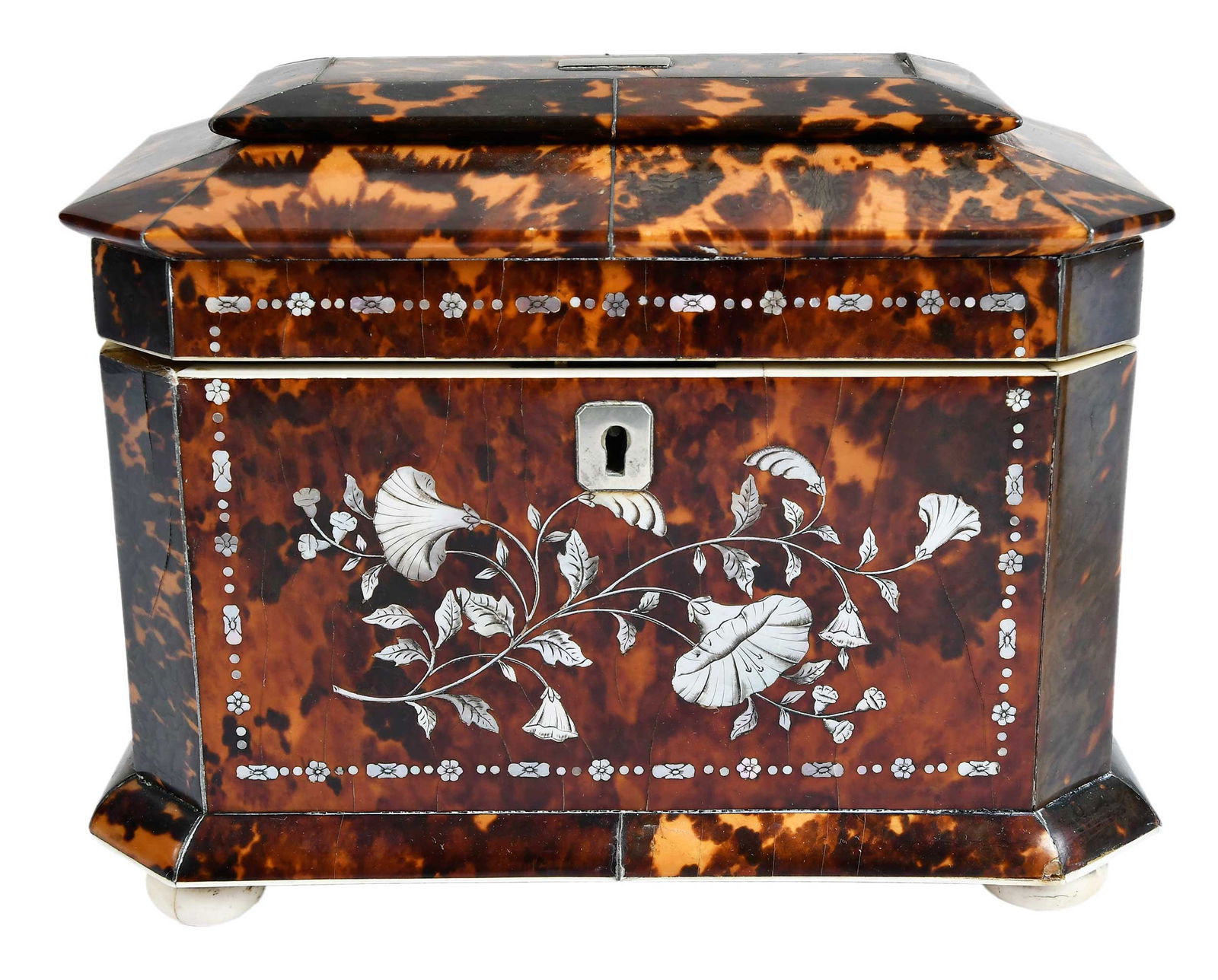 Georgian Tortoiseshell Veneered and Mother of Pearl Inlaid Tea Caddy (1 of 9)
