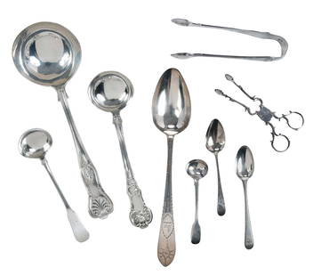 25 Pieces English Silver Flatware: 18th/20th century, including Hester Bateman serving spoon, 1787, 9 in.; pair of Irish serving spoons with bright cut engraving, 1793 9-1/2 in.; three pairs of Georgian tongs; two Scottish ladles, King