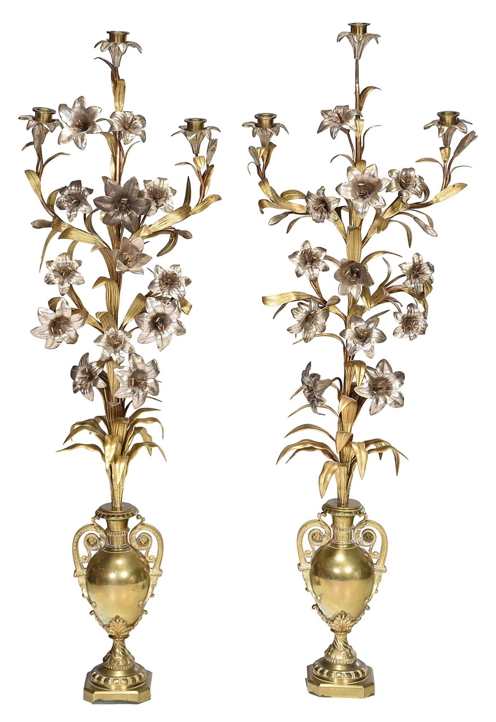 Pair of Continental Floral Decorated Brass and Metal Three Light Candelabra (1 of 7)