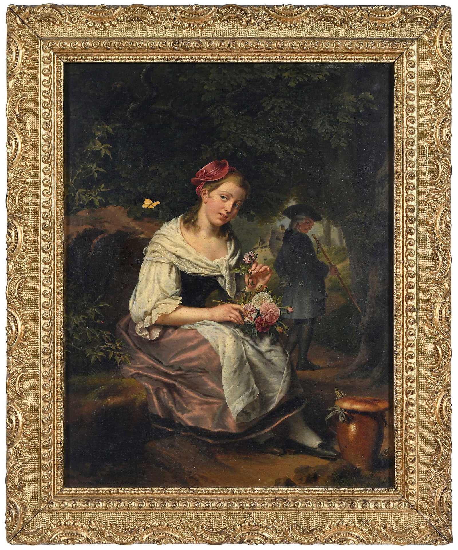 Ange Francois, The Woodland Path: (Belgian, 1800-1867) A Butterfly by a Beauty Holding a Bouquet, signed lower left "Ange Francois Bruges", inscribed darkened label verso, oil on panel, 14-7/8 x 11-1/2 in.; gilt wood and composition f