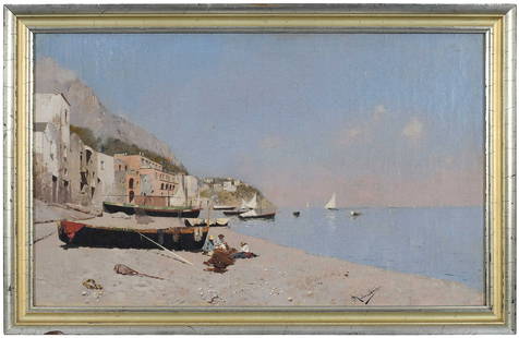 Rubens Santoro, View of Capri: (Italian, 1859-1942) The coast of Capri with beached boats, 1910, signed lower sight "Rubens Santoro", oil on canvas, 12-1/2 x 20-1/2 in.; gilt wood frame, 14-1/2 x 22-1/2 x 1-1/2 in. Provenance: By D