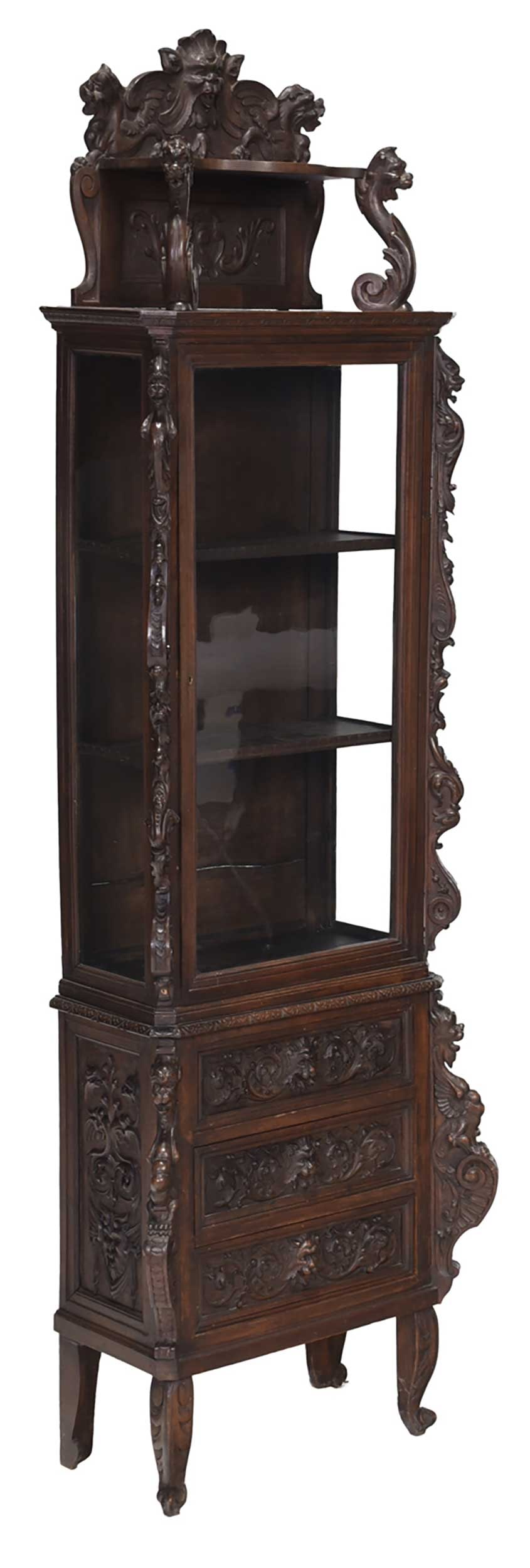 Italian Renaissance Style Figural Carved Walnut Display Cabinet (1 of 10)