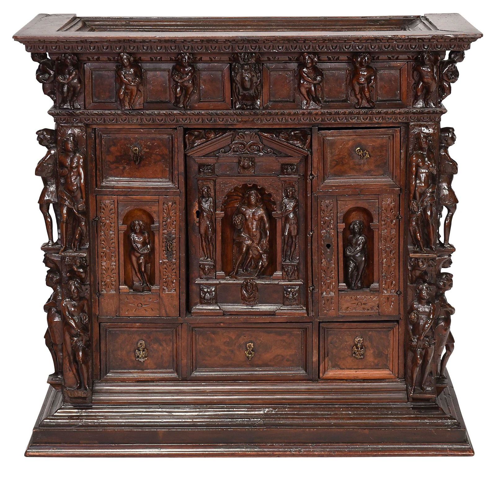 Italian Renaissance Style Burlwood and Figural Carved Cabinet (1 of 10)