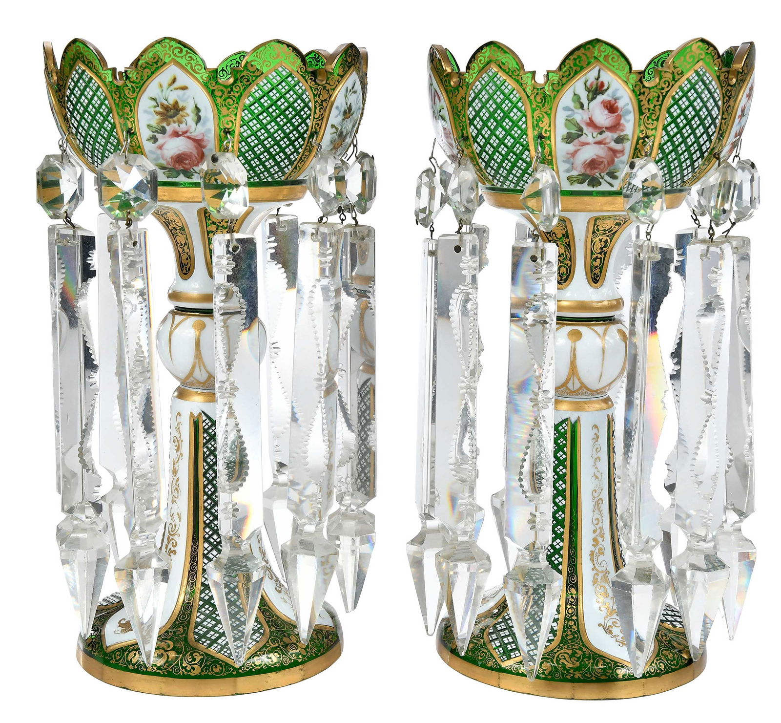 Pair of Bohemian Emerald Green and Gilt Glass Lusters (1 of 8)