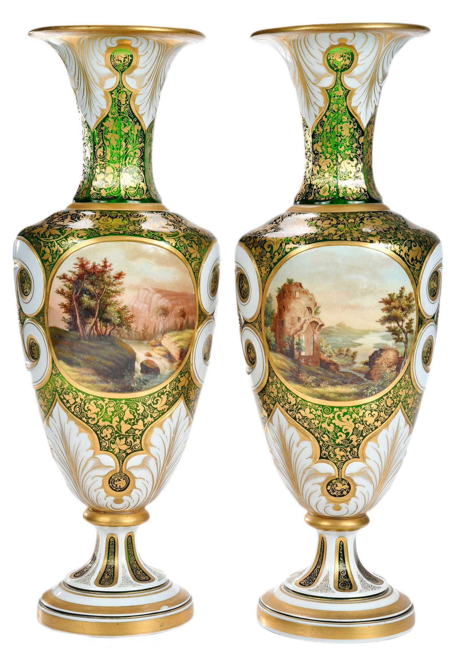 Pair of Emerald Green and White Bohemian Glass Vases (1 of 11)